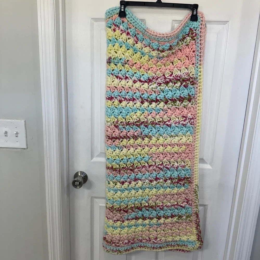 Hand Crochet Square Rainbow Baby‎ Blanket Multicolor Pastel Cottagecore Knit